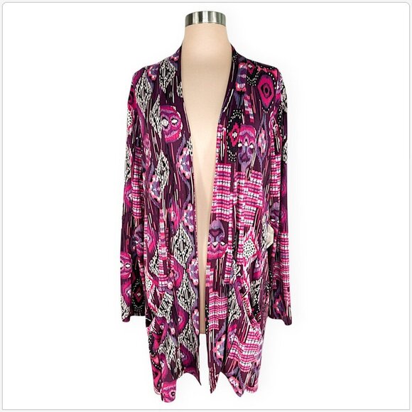 Kiyonna Purple Pink Aztec Ikat Print Open Front Cardigan Sweater Jacket NWT 3 - Picture 1 of 4